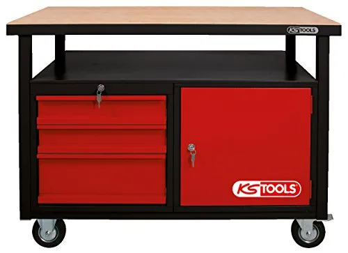 KS-Tools Werkbank 865.0101, fahrbar mit 3 Schubladen - Bohrmaschinen - stabile, fahrbare Werkbank aus Buche-Massiv-Platte, Traglast bis 400 kg, inklusive abschließbarem Schrank und rutschfesten Schubladeneinlagen.