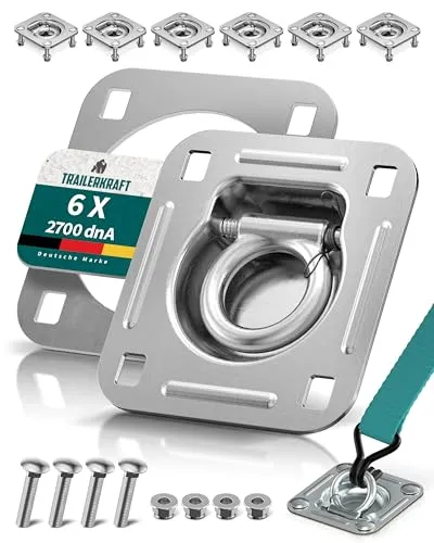 TRAILERKRAFT® Anhänger Zurrösen mit Gegenplatten inkl. Schrauben [6er Set] Robuste Zurrmulden | Zugkraft von 2700daN pro Zurrhaken | Langlebige Verzurrösen aus verzinktem Stahl