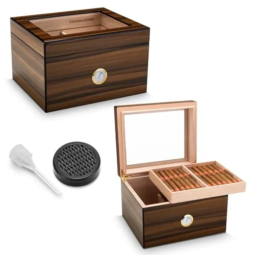 CIGARLOONG Zigarren Humidor Zedernholz, Glasplatte, Humidor mit Luftbefeuchter&Hygrometer, Geschenke für Männer (L für 75 Zigarren)