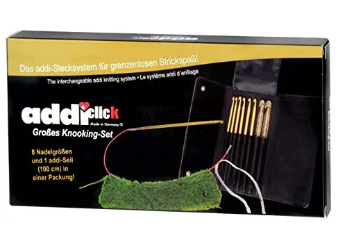 addiClick Knooking-HOOK-Set - Komplettes Knooking-Set für Anfänger und Könner mit 8 goldfarbigen Häkelnadeln und 75 cm Knookingseil, inklusive praktischem Aufbewahrungsetui.