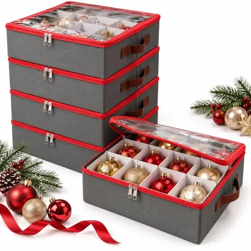 Relaxdays Weihnachtskugel Aufbewahrungsbox, 4er Set, grau/rot | je 16 Kugeln, HxBxT: 9 x 33 x 33 cm, Polyester, Pappe