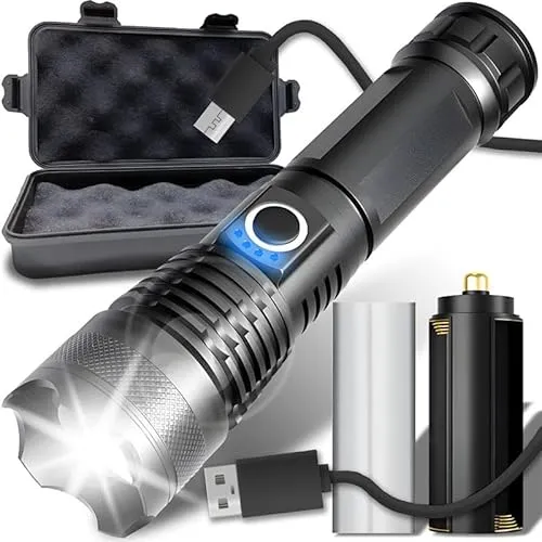 Retoo LED Taschenlampe Aufladbar, Outdoor, Zoom P90, Starke Taktische Taschenlampe, Extrem Helle, Militärische Taschenlampe, USB Aufladbar, Akku für Camping, Notfall, Wandern, Aluminiumlegierung