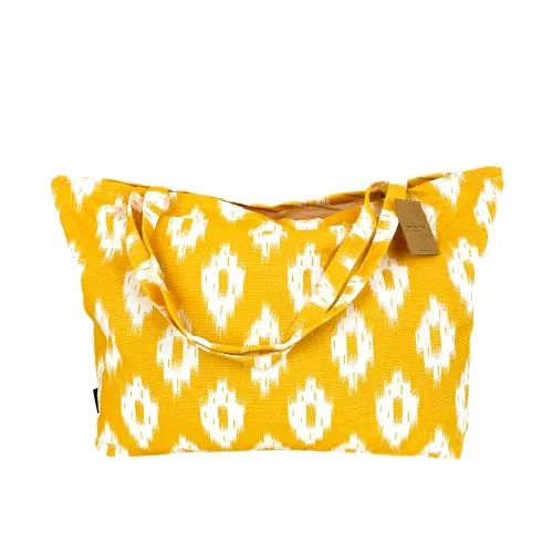 TRESMESTRES Strandtasche für Damen - Groß, im mediterranen Stil und mit Innenfutter – Badetasche XXL Familie für Strand - ideal als Schwimmtasche und Sommertasche - Senf, 65 x 40 cm