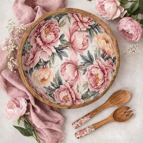Salat-Set Salatschüssel & Salatbesteck mit Rosen-Design - Servierset aus Holz für Salat & Obst