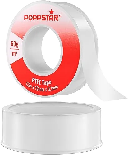 POPPSTAR Teflonband DVGW 12m x 12mm x 0,1mm (60g/m² PTFE-Dichtband, FRp für Feingewinde, Trinkwassergeeignet), 1 Rolle