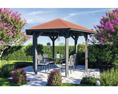 Pavillon SKAN HOLZ Nancy Gr. 2 ø 420 cm - Eleganter 6-eckiger Pavillon in schiefergrau, ideal für Gartenpartys und entspannte Stunden im Freien. Robuste Holzstruktur für Langlebigkeit und Stabilität.