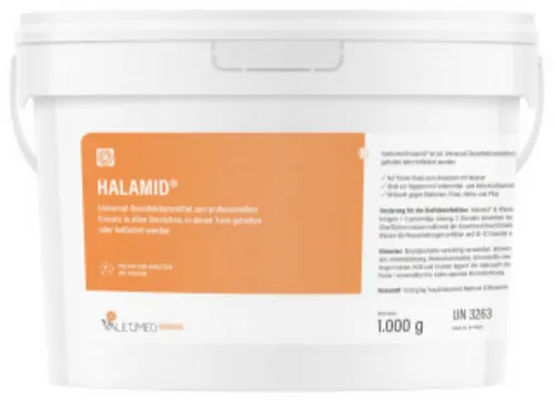 Kerbl Desinfektionsmittel Halamid 1000 g – Oberflächen-Desinfektionsmittel - Effektives Oberflächen-Desinfektionsmittel mit Chloramin T. Ideal für die gründliche Reinigung und Pflege in Haushalten und Betrieben. Sorgfältig anwenden und Produktinformationen beachten! Zur zuverlässigen Hygiene.