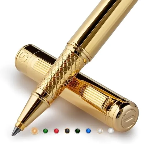 Scriveiner Tintenroller Hochwertiger Tintenroller mit Echtvergoldung, schwarze Schmidt Ersatzmine, Geschenkbox, Büro set, Schöne Professionelle (Gold)