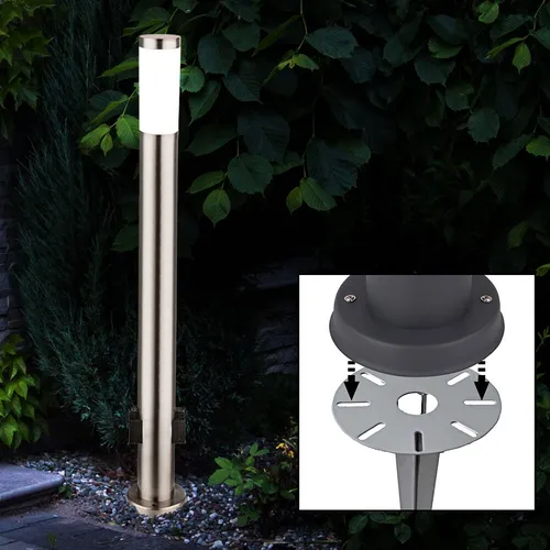 LED Außenstehlampe mit Erdspieß und 2 Außensteckdosen - Edelstahl Gartenlampe mit warmweißem Licht und IP44 Schutz. Ideal zur Beleuchtung von Wegen und für den Betrieb von Gartengeräten.