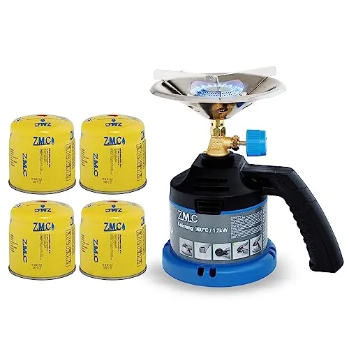 Z.M.C Campingkocher + 4 Gaskartuschen 190g, Gaskocher mit Griff für Camping, Kohleanzünder Outdoor, Kartuschenkocher für Stechkartusche, kleiner Gasgrill
