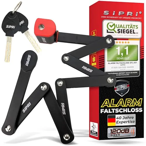 SIPRI® Faltschloss Fahrradschloss mit Alarm 120 dB | Faltbares Fahrradschloss hohe Sicherheit für E-Bike, E-Scooter & Motorrad | 8 mm Stahl, 116 cm, wetterfest, robustes Schloss mit Schlüssel