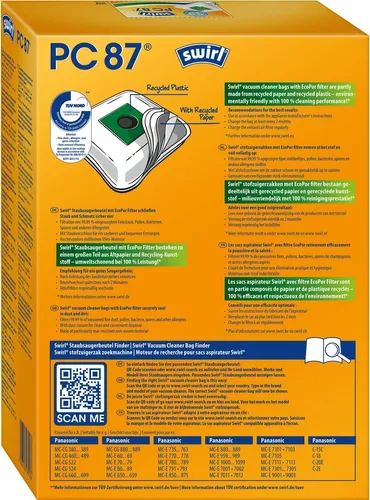 Swirl Staubsaugerbeutel PC87 90 - 4 EcoPor Beutel + 1 Filter, umweltschonend aus Recycling-Materialien für optimale Staubaufnahme