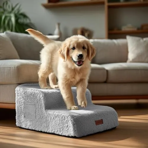 PETNOVO Hundetreppe für Bett und Sofa, 3 Stufen Hundestufen mit Weichem Plüschbezug, rutschfeste Unterseite, Abnehmbarer Bezug mit Reißverschluss, Haustiertreppe für Kleine Hunde und Katzen,Grau