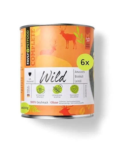 FAVLY – Nassfutter für Hunde Wild 6 x 800g – getreidefrei & Monoprotein – mit Amaranth, Brokkoli & Leinöl – hoher Fleischanteil in Lebensmittelqualität – für Allergiker & Sensible Hunde