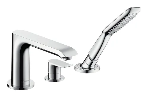 hansgrohe Metris Wannen Armatur 31190000 - 3 Loch Wannenrand Armatur, chrom - Premium Armatur für Wannenrand, mit ausziehbarer Handbrause und normalem sowie Brausestrahl, ideal für ein modernes Badezimmer.