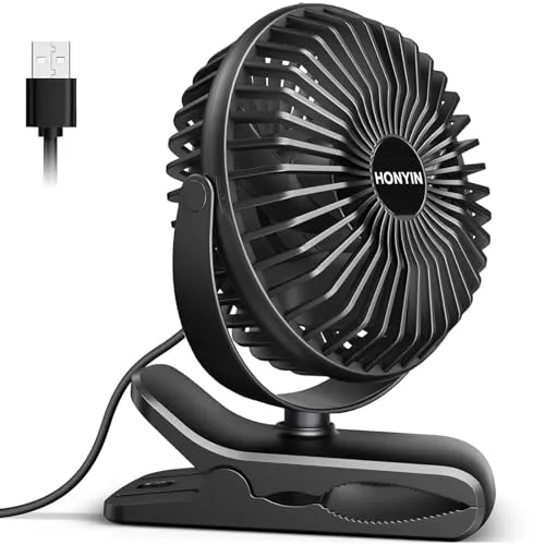 HONYIN Mini Ventilator mit Clip, 720 Grad Drehung Kleiner USB Ventilator, Starke + Stabile Klammer, 3 Geschwindigkeitsstufen, Ideal als Tischventilator im Büro und Schlafzimme