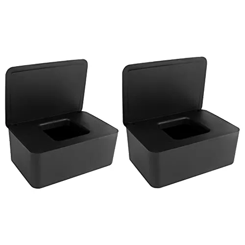 Anruyi 2 Stück Feuchttuch-Box Schwarz Kindertuchbox Kunststoff Toilettenpapierbox Feuchttücher Spender Tücherbox Tissue Aufbewahrungskoffe Serviettenbox mit Deckel für Zuhause Büro