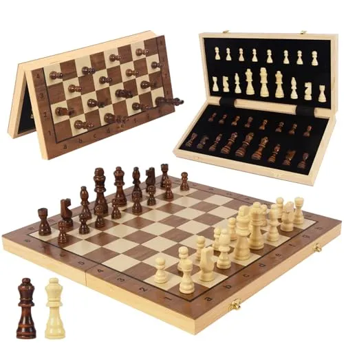 WOODENFUN Schachspiel Magnetische Holz für Erwachsene und Kinder Faltbares Schachbrett 40x40cm Tragbares Schachspiel Nuss- und Kiefernholz(Braun Große Faltung)
