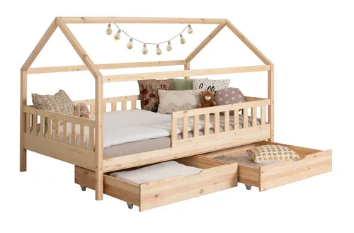 TiCAA Kinderbett Kay - Bodenbett mit Schubkästen aus Kiefer - Bodenbett mit Dachaufbau, höhenverstellbar und inklusive Rausfallschutz für Sicherheit. Aus massivem Kiefer, bis 120 kg belastbar und in mehreren Farben erhältlich.