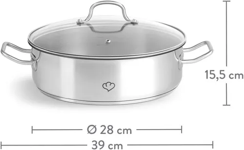 Springlane Schmortopf Edelstahl 28cm, 5L – Vielseitige Schmor- und Servierpfanne - Schmortöpfe – Robuster Edelstahl Schmortopf mit Glasdeckel, ideal für alle Herdarten inklusive Induktion, kratzfest und unbeschichtet für langlebigen Kochspaß.