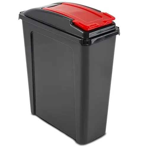 Mülltonne 25 Liter Schwarz-Rot, Mülleimer Küche, Mülltrennsystem, Abfalleimer Küche, Trash Bin, Mistkübel, Gelber Sack Mülleimer Deckel, Müll, Mülltrennsysteme, Küchenabfalleimer, Papiermülleimer