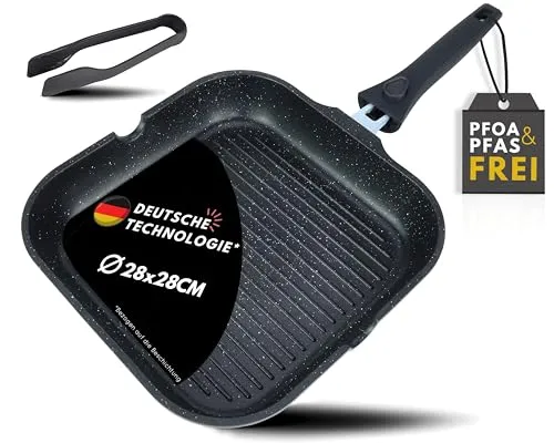 DIVORY Grillpfanne 28x28cm mit Ausguss und abnehmbarem Griff - Pfanne für alle Herdarten mit innovativer 3-lagiger Antihaftbeschichtung, die ein Anbrennen verhindert. Inkl. Grillzange und Pfannenschoner für ein perfektes Grillerlebnis.
