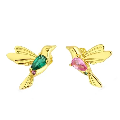 Einzelstück® Dove Ohrstecker I Mit Zirkonia Steinen pink und grün I Silber Ohrringe I 925 Sterling Silber 14K vergoldet I Handgefertigtes Unikat I Antiallergen & nickelfrei