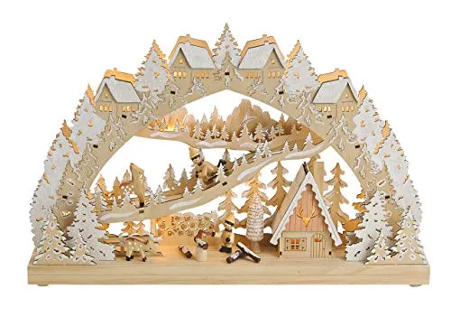 LED Holz Schwibbogen 45x28 cm - Motiv Kinder im Winterwald, stimmungsvolle Fensterdeko mit 15 warmweißen LEDs und Timerfunktion