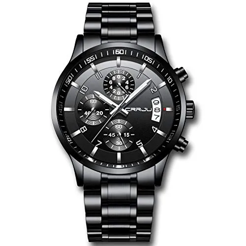 CRRJU Herren Uhr wasserdichte Chronographen Armbanduhr Männer Edelstahlarmband Business Analog Quarzuhr mit Kalender (Schwarz)