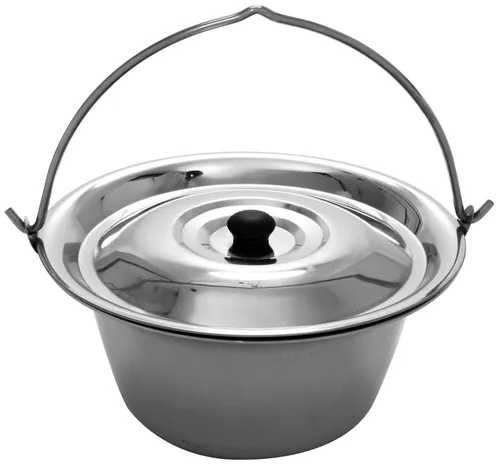Gulaschkessel Edelstahl 15 Liter mit Deckel und Kochlöffel von Grillplanet - Dreibein- & Schwenkgrill, ideal für Outdoor-Kochen, aus hochwertigem Edelstahl für Langlebigkeit und einfache Reinigung.