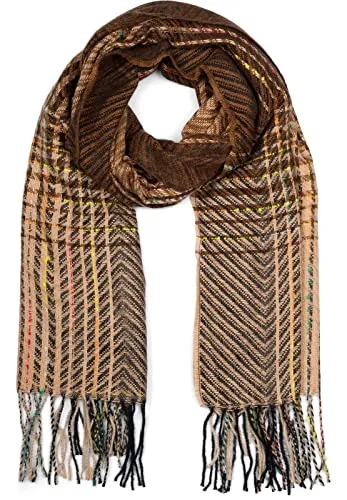 styleBREAKER Damen Feinstrick Schal mit bunt gestreiftem Zick-Zack Muster und Fransen, warme Winter Stola mehrfarbig 01017149, Farbe:Braun-Beige