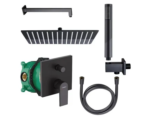 Belvit Duscharmatur Duschset mit Hansgrohe Unterputz-Wannenmischer, Chrom & Matt-Schwarz (Spar-Set, Verschiedene Setgrößen) für Dusche & Wanne, einfache Montage, Anti-Kalk-Funktion Handbrause