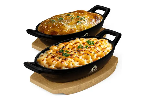 Kaisertal Gusseisen Servierpfanne mit Holzbrett - Pfanne 15x10 cm aus Gusseisen, ideal für kleine Portionen und stilvolles Servieren direkt vom Herd durch das edle Holzbrett.