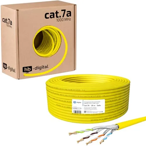 HB-DIGITAL 25m CAT.7a Netzwerkkabel LAN Kabel Verlegekabel AWG 23 Reines Kupfer S/FTP PiMF LSZH Halogenfrei RoHS-Compliant Ethernet Installationskabel Datenkabel PoE 10Gbit/s max. 1200MHz Gelb