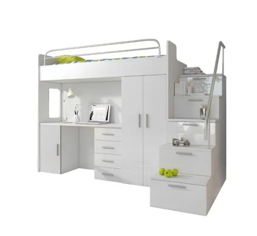 Multifunktionales Doppelstockbett Weiß mit Schrank und Tisch