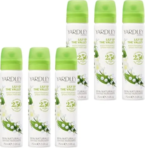 Yardley London Lily of the Valley Body Spray, Floral Mist, 6x 75ml