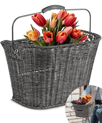 Büchel Fahrradkorb Vorne aus Polyrattan I mit innovativer Schnell-klick Halterung I Fahrrad Korb für vorne 35x26x26 cm I Fahrradkorb lenker, lenkerkorb fahrrad