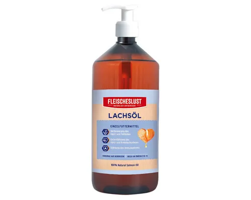 Fleischeslust Lachsöl 1000 ml für Hunde - Reines Lachsöl für Hunde, reich an Omega-3- und Omega-6-Fettsäuren. Ideal zur Unterstützung der täglichen Ernährung, fördert das Wohlbefinden und die Vitalität Ihres Hundes.