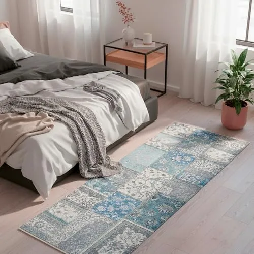 Kelim Patchwork Teppich Blau 80 X 195 cm - Maschinenwaschbar - Moderner Kurzflor Wohnzimmer Teppich - Super Soft