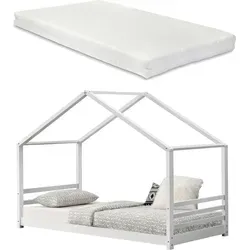 [en.casa] Kinderbett mit Lattenrost und Matratze 90x200cm, Hausbett in Weiß - Kinderbett aus stabilem Kiefernholz in Haus-Optik, ideal für ein gemütliches Kinderzimmer. Inklusive Lattenrost und atmungsaktiver Kaltschaummatratze für optimalen Schlafkomfort.