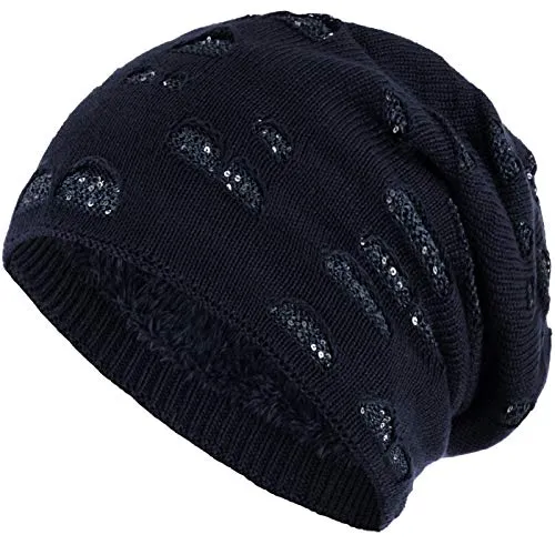 Compagno Mütze Damen Wintermütze mit Pailletten warm gefütterte Beanie Strickmütze Hat Haube Einheitsgröße, Farbe:Marineblau