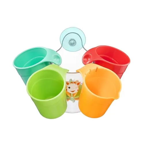 Sophie la Girafe – Set mit 4 Interaktiven Badebechern | Ab 10 Monaten | Mühle, Saugnapf, Verschiedene Löcher, Umfüllen | Ursache & Wirkung | Sensorische Entwicklung & Motorik | Baby-Badespielzeug