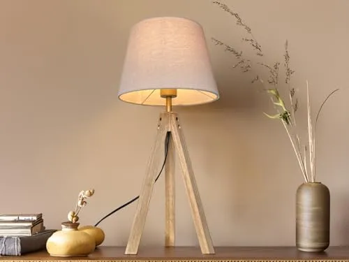 meineWunschleuchte Dreibein Holz Tischlampe mit Stoffschirm Creme Weiß, 55cm groß