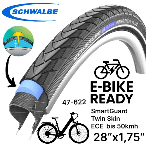 Schwalbe Marathon Plus 28 x 1,75 City Ebike SmartGuard Reifen - Robuster Pannenschutzreifen für verschiedene Fahrradtypen, durchstoßsicher und mit glattem Profil. Ideal für den täglichen Einsatz und lange Fahrten.