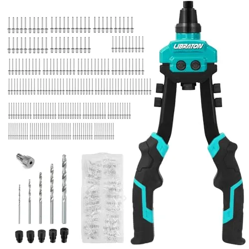 LIBRATON Nietenzange set, Zweihand-Popnietenzange Set, Popnietenzange, Nietzange Set mit 250 Aluminiumnieten im Karton, 5 Werkzeuglos Austauschbare Düsen, 5 HSS-Bohrer, für Automobile, Metall