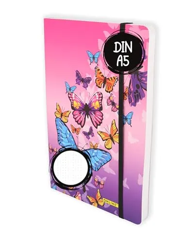 Online Bullet Journal Butterfly dotted A5 mit Gummiband, 120 g/m² FSC Papier, 144 Innenseiten Notizbuch gepunktet mit Soft Cover, Tagebuch für Notizen, Skizzen, Lettering Bullet Journaling