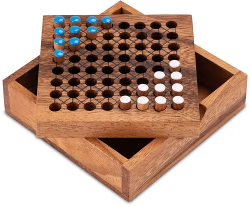LOGOPLAY Spiel Halma Reisevariante Blau Weiß, Gesellschaftsspiel, Halma Reisespiel klassisches Strategiespiel im Mini-Holzkasten für 2