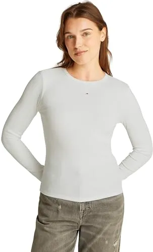 Tommy Jeans Damen Langarmshirt Slim Fit Essential - Weiß (Ecru), M - Tops, T-Shirts & Blusen für Damen – Bequemes Slim Fit Shirt aus 95% Baumwolle, ideal für lässige Freizeitlooks und vielseitige Kombinationsmöglichkeiten.