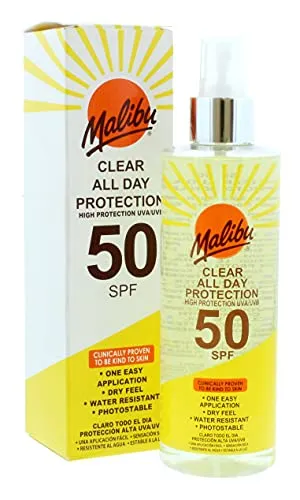 Malibu All Day High Protection Water Resistant Dry Feel LSF 50 Sun-Screen Clear Spray, 250 ml