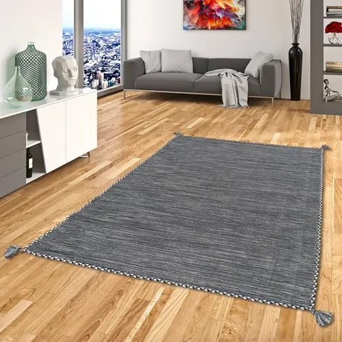 Natur Teppich Bauwolle Kelim Prico Anthrazit - Handgewebt in 8 Größen - Teppiche Gegend, 100 % Baumwolle, handgewebt, antistatisch und ideal für Fußbodenheizung. Unterstützen Sie den fairen Handel mit CARE & FAIR.